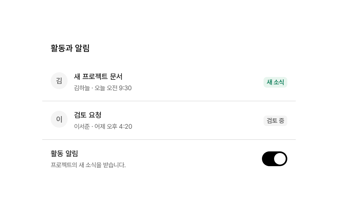 아바타, 활동 목록, 상태 배지와 알림 스위치를 조합한 화면